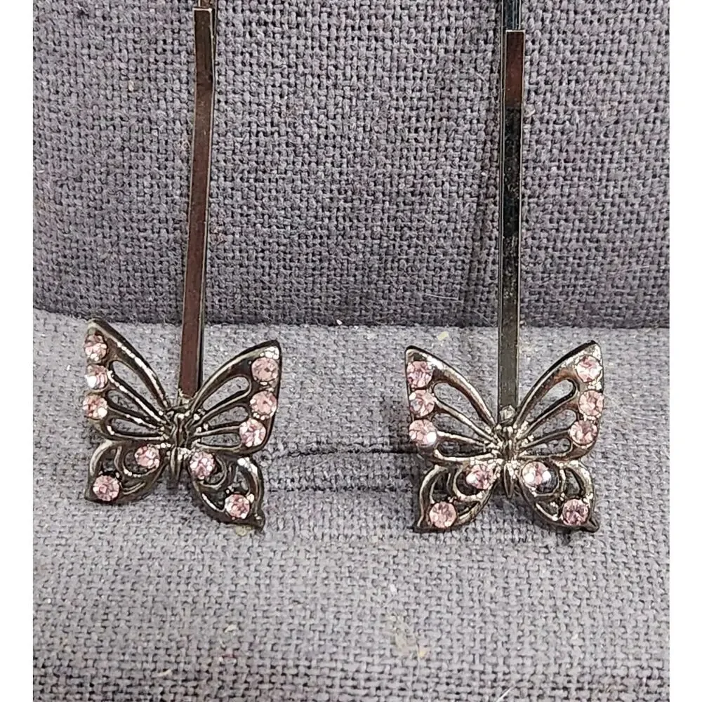 VTG Pink Rhinestones Silver Pair of Butterflies Hair Pins Lightweight Metal
